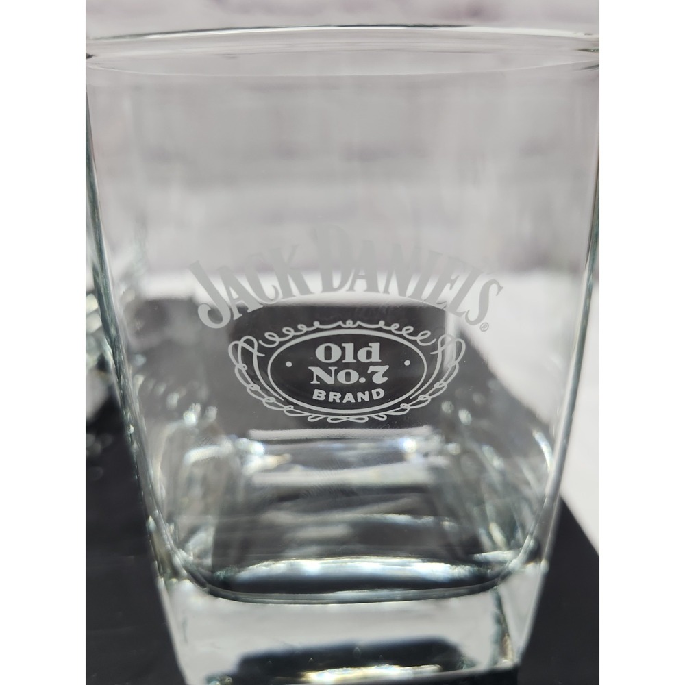 Set 4 Vintage Etched Jack Daniels Old NO 7 Lowball Whiskey Glass Square Bottom